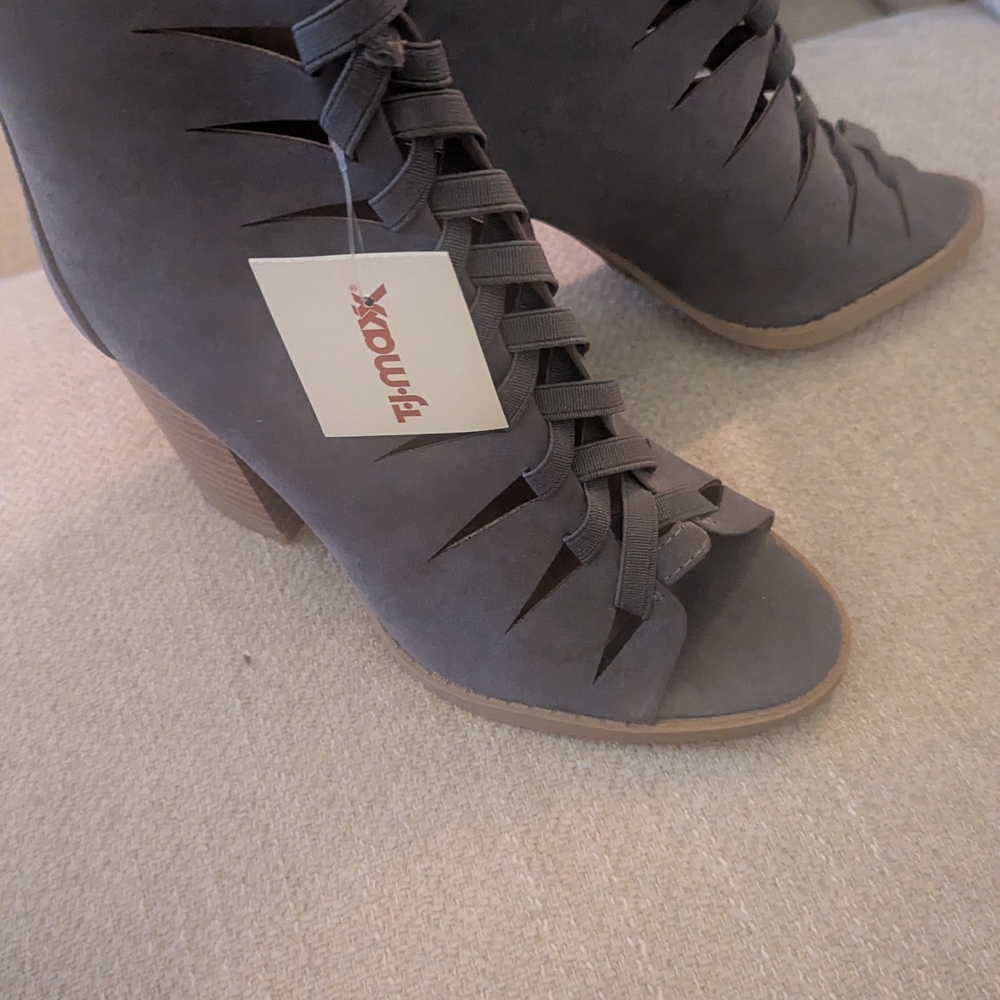 Qupid Gray Peep-Toe Heeled Boots